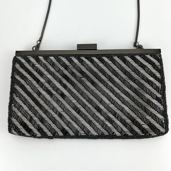 Neiman Marcus Micro Beaded black & silver clutch bag with chain - Picture 3 of 12